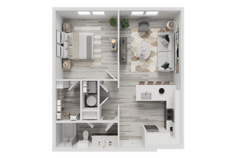 A modern, minimalist interior design layout with a kitchen, living room, and bathroom.